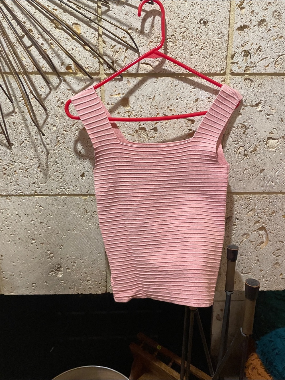 Ribbed Square-Neck Pink Tank Top